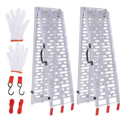 2PCS Aluminum Motorcycle Ramps 7.3ft Folding Ramp with Load Straps for Pickup Trucks Motorcycles ATVs UTVs Lawn Mowers Dirt Bikes