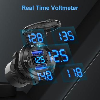 12V USB Outlet Boat Accessories Marine Switch Panel Plug, PD3.0 and Dual QC3.0 USB Ports Aluminum Car Charger with Voltmeter, Lighted 150W Cigarette Lighter Socket and Toggle Switch 3 in 1 DIY Kit - color: Charger+Socket+Switch