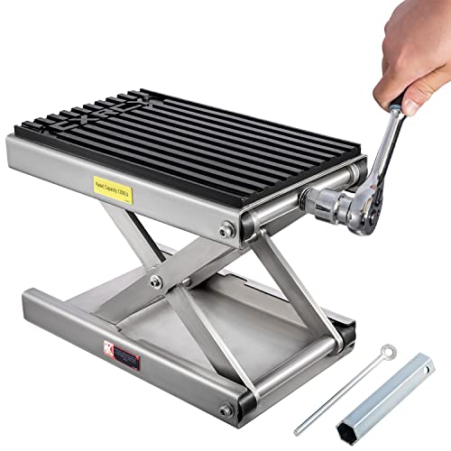 CXRCY 1200 LBS Motorcycle Lift Scissor Jack Stainless Steel Finish Upgraded Dirt Bike ATV Steel Motorcycle Hoist Stand with Ratchet Wrench,Crank Handle,Thickened Rubber Pad,Wide Deck - color: 1200 LBS Stainless Steel