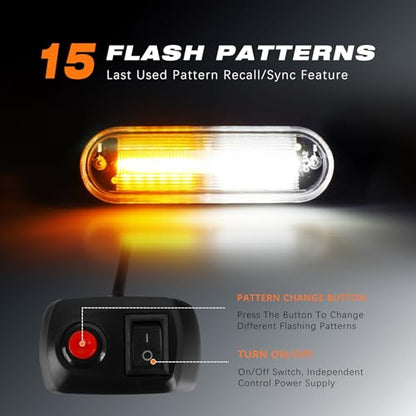 LED Amber White Strobe Light For Trucks,8Pcs Emergency Grill Surface Mount Flashing Lights With Controller For Construction Firefighter Vehicles Car - color: Amber White