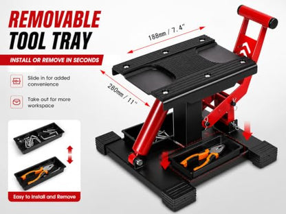 Motorcycle Lift Stand 1000 LBS with Removable Tool Tray, Hydraulic Lift | Adjustable Height Hoist Table with Extra Large and Non-Slip Platform for Dirt Bike, Motorcycle, E Bike & Motocross