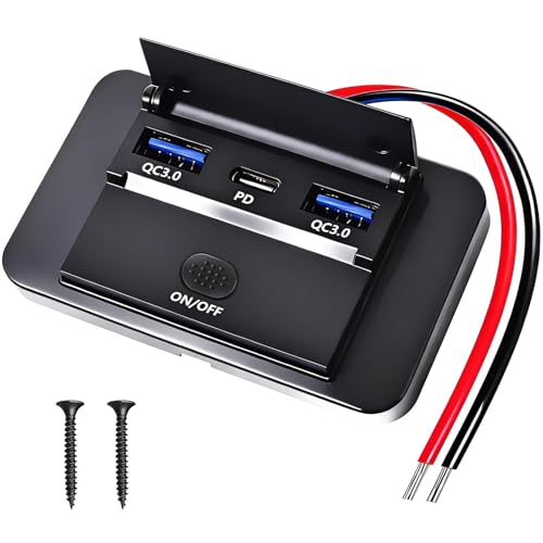 12V 3-Port USB Charger 66W, Dual QC3.0 36W + PD3.0 Type-C 30W Fast Charging, Panel Mount for RV Boat Car Bus Motorcycle Marine SUV ATV Truck Camper