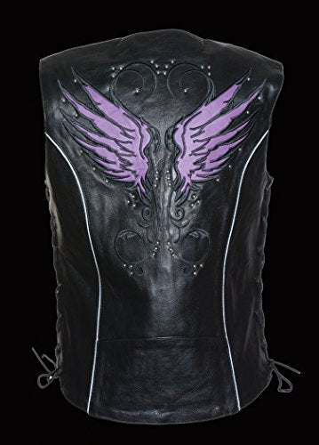 Milwaukee Leather MLL4505 Women's Black Leather Side Lace Motorcycle Rider Vest- Reflective and Studded Black Wings - color: Purple, size: 5X-Large