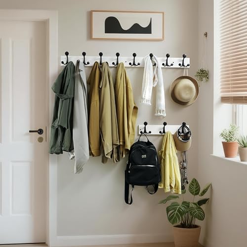 WEBI Coat Rack Wall Mount,17" Solid Wood Coat Hooks Wall Mounted Coat Hanger,16" Hole to Hole,Heavy Duty Hook Rack Rail,3 Triple Hooks for Hanging Coats,Jacket,Clothes,Hat,Backpack,White - color: White, size: 17 Inch