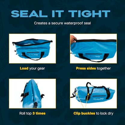Malo’o Waterproof Dry Duffel, Heavy-Duty Roll Top Waterproof Gear Bag with Shoulder Strap & Molle Loops, Marine Duffel for Kayaking, Boating, Camping, Beach & Travel, Blue, 40L - color: Blue, size: 40L