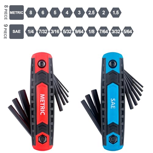 17-Piece Premium Folding Hex Key Wrench Set, Metric 1.5mm - 8mm, SAE 5/64” - 1/4” | Cr-V Steel, Precise and Chamfered Tips | 2 Pack All-Purpose Allen Wrench Tools with Portable and Compact Design - size: 17-Pc. Folding Hex Key