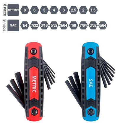 17-Piece Premium Folding Hex Key Wrench Set, Metric 1.5mm - 8mm, SAE 5/64” - 1/4” | Cr-V Steel, Precise and Chamfered Tips | 2 Pack All-Purpose Allen Wrench Tools with Portable and Compact Design - size: 17-Pc. Folding Hex Key