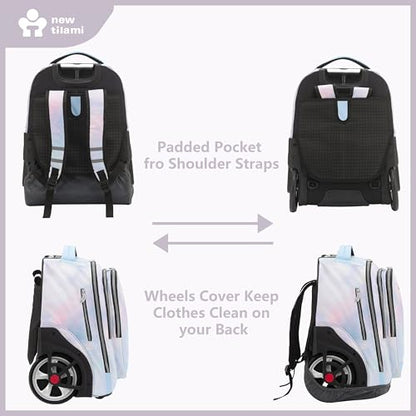 NEW TILAMI 20" Rolling Backpack for Teens Adults, Climbing Stairs Waterproof Backpack with Wheels for School Business Trave Camping with Laptop Compartment, Fit 17 Inch Laptop, Pink Blue Doodle - color: Pink Blue