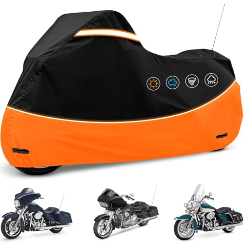 Heavy Duty Motorcycle Cover Waterproof Outdoor Storage - Road King Glide Street Glide Heritage Classic for Low Riders and Most Motorcycles(Black&Orange)