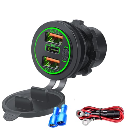 3 Ports 18W USB Car Charger with Switch, 12-24V Dual QC 3.0 USB & PD USB C Cigarette Lighter Socket Outlet, Dashboard Mount Quick Charge Charger for Car Truck Marine Boat, Green Light - color: Green Light