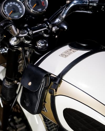 Trip Machine Company Genuine Leather Motorcycle Fuel Tank Strap – Heavy Duty Adjustable Horizontal Tank Mount Cover for Right Side Fuel Inlet Bikes (Tank Strap with Pouch, Black) - color: Black, style: Tank Strap With Pouch