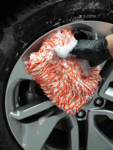 Microfiber Wash Pad, SPTA 3Pcs Ultra Wheel Pad Perfect for Wheels, Grills, and Tight Areas; Proprietary Microfiber Blend; Easily Releases Contaminates Upon Rinsing, 8.5in x 9.8in, Black/Orange-MT023B3 - color: 3pcs Ultra Wheel Mitt