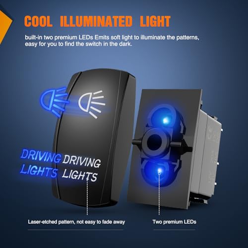 Nilight Driving Lights Rocker Switch Led Light Bar 5 Pin Laser On Off SPST Switches 20A/12V 10A/24V Blue with Jumper Wires Set for Cars Trucks Boats ATVs UTVs RVs - size: DRIVING LIGHTS