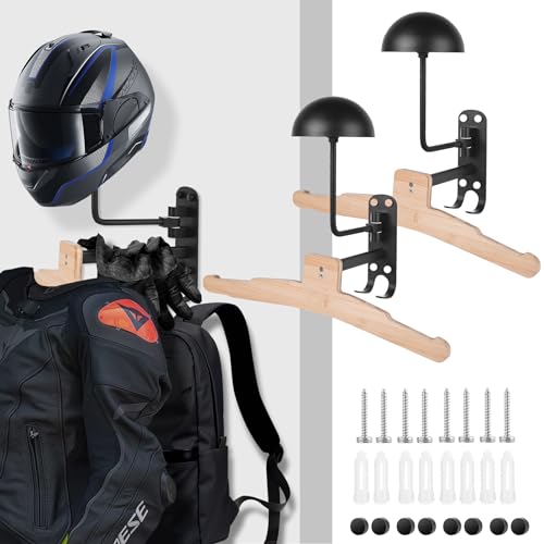 Motorcycle Helmet Rack Wall Mount 180 Degree Rotation Metal Bike Helmet Holder Mount Bicycle Helmet Display Hanger Stand with Wood Hanger & 2 Hooks for Motorcycle Bike Baseball Rugby Helmet - 2 Pack - color: Black(2PCS with Hanger)