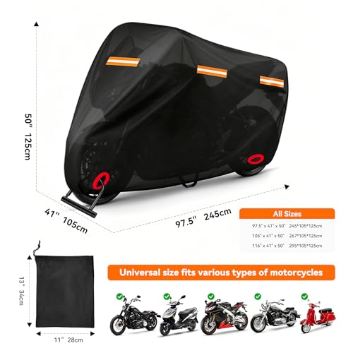 Motorcycle Cover Waterproof PE Aluminum Film Soft Cotton Lining, All-Season Outdoor Protection with Anti-Theft Lock Holes, Windproof Buckle, 5 Reflective Strips, Fits Motorcycles up to 97.5" - size: 97.5" x 41" x 50"