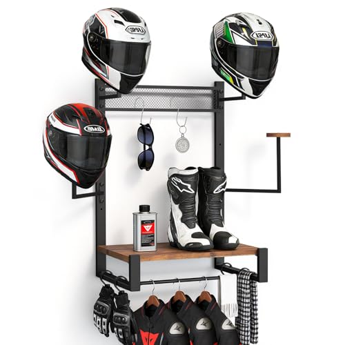 Wall Mounted Motorcycle Helmet Holder, Heavy-Duty Helmet Rack with 4 Helmet Mounts & 4 Glove Clips, Rustic Wall Mounted Organizer with 4 Hooks for Motorcycle Helmets, Shoes, Accessories