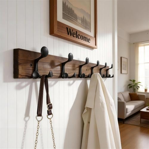 WEBI Coat Rack Wall Mount,36" Solid Wood Coat Hooks Wall Mounted Coat Hanger,16" Hole to Hole,Heavy Duty Hook Rack,6 Triple Hooks for Hanging Coats,Jacket,Hat,Backpack,Farmhouse,Brown - color: Brown, size: 36 Inch