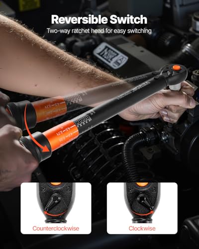 VEVOR 3/8 Inch Drive Torque Wrench, 10-100 ft.lb/13.6-135.6 Nm, Dual-Direction Adjustable Click Torque Wrench with 1/2 & 1/4 adapter, 3" Extension Bar, for Automobile Repair - size: 10-100FT.LB, style: 3/8-inch