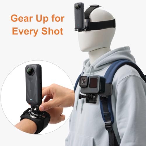 CamKix Accessories Kit Head & Backpack Mount Bundle Compatible with GoPro Hero 13/12/11/10/9/8/7/6/5, Insta360 - Head Strap Mount, Backpack Clip, 360° Rotating Wrist Strap, Adapters - color: Accessories Kit for Insta360 and Gopro
