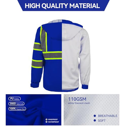 KARXICIY ZUJA Hi Vis Reflective Safety Jacket for Men Women Construction Jacket with Hood High Visibility Safety Rain Jacket - color: Blue, size: Small