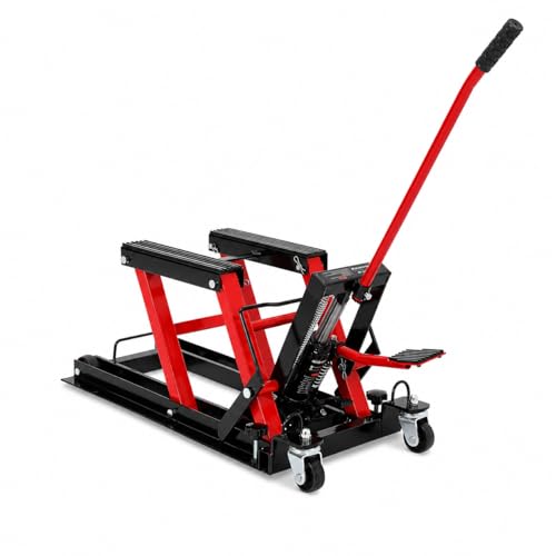 1500LBS Hydraulic Motorcycle Lift Jack, 680KG ATV Motorcycle Scissor Lift with 3-Position Safety Lock, Foot Pedal, Swivel Casters, Low Profile Heavy Duty Steel Jack for Garage Repair Maintenance,Red - color: Red