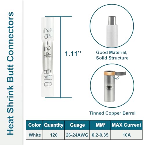 120PCS Heat Shrink Butt Connectors, Insulated Waterproof Butt Connectors 26-24 AWG for Wiring, Marine, Automotive (White) - size: 26-24AWG(120pcs)