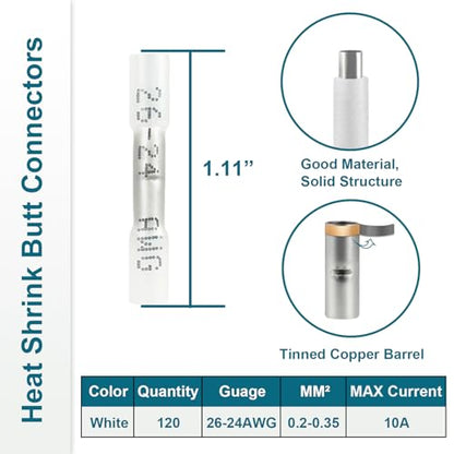 120PCS Heat Shrink Butt Connectors, Insulated Waterproof Butt Connectors 26-24 AWG for Wiring, Marine, Automotive (White) - size: 26-24AWG(120pcs)