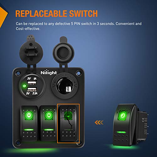 Nilight 6 Pack Rocker Switches with Night Glow Stickers 5 PIN SPST Rocker Switches with Green Backlit 12V/24V Toggle Switches for Cars Trucks RVs Boats Auto Motorcycles,2 Years Warranty - color: Green 6 PCS