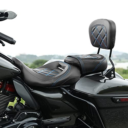 SLMOTO Motorcycle Seat with Sissy Bar Tour Trunk Pad Fit for Harley Davidson Touring King Street Glide Tri-Glide 2009-2020 Trike 2010-2023 CVO Bikes Blue Stitching Driver Passenger Seat+Tour Trunk - color: Seat + Passenger Backrest Black Blue#110