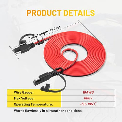 Oyviny 12FT 16AWG SAE Extension Cable with Polarity Reversing Adapter, Heavy Duty 2 Pin SAE Quick Connector with Dust Caps for Solar Panel Automotive Battery Charger Trolling Motor - style: 12FT