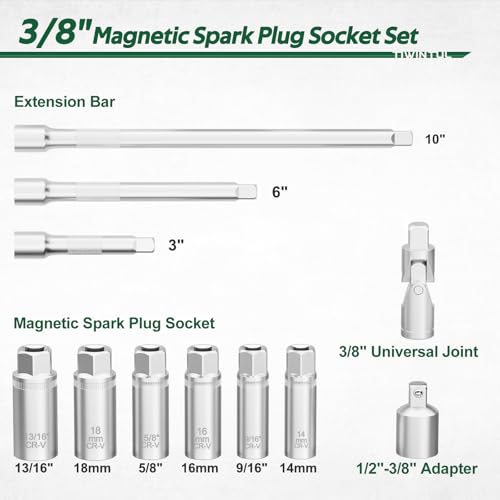 3/8 Inch Drive Spark Plug Socket Set, 12 Point, 11Pcs SAE & Metric Sizes 14mm, 16mm, 18mm, 9/16”, 5/8”, 13/16”, Magnetic Spark Plug Removal Tool with Extension Bar for Cars and Motorcycles - size: 11Pcs