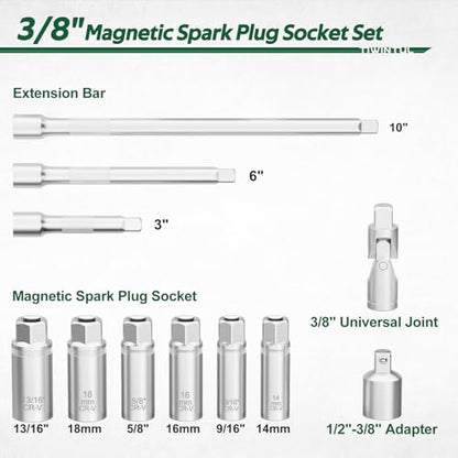 3/8 Inch Drive Spark Plug Socket Set, 12 Point, 11Pcs SAE & Metric Sizes 14mm, 16mm, 18mm, 9/16”, 5/8”, 13/16”, Magnetic Spark Plug Removal Tool with Extension Bar for Cars and Motorcycles - size: 11Pcs