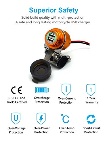 Cliff Top Motorcycle USB Charger Waterproof Dual USB Port 4A 20W Aluminium, with Magnetic Power Switch Heavy Duty for 7/8’’ and 1’’ Handlebars - Prevents Battery Drain (Golden) - color: Golden
