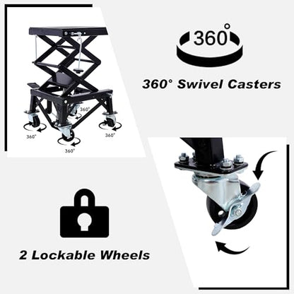 Hydraulic Motorcycle Scissor Jack Lift with Foot Step Lever and 4 Wheels, Adjustable Height from 13.5" to 36.2", 300 lbs Capacity, Lift Table for Dirt Bikes, ATVs, Motorcycles, Snowmobiles (Black)