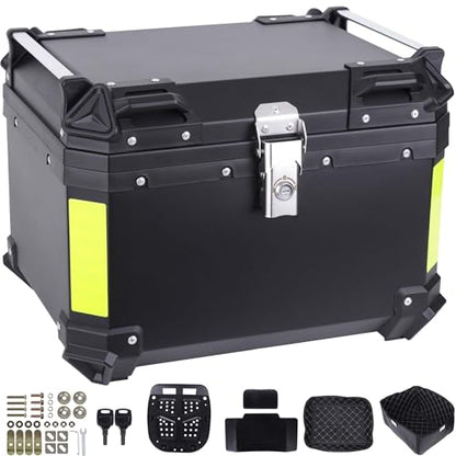 Motorcycle Top Case 57L Trunk Tail Box Bag Aluminum alloy handle with Leather Lining Anti-Theft with Lock & Back Cushion Waterproof Dustproof Easy Installation with Universal Bracket Black - color: Black（57L-Single Lock）