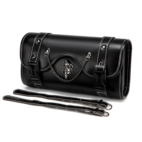 Motorcycle Tool Bag, Black PU Leather, Skull Design, Universal Waterproof Saddlebag for Front Fork Handlebar，Front Fork, Tail Rack (FBG363BK) - color: FBG363BK