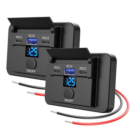 2 Pack 3 Port 12V USB Outlet Surface Mount Lightweight with Voltmeter, Dual USB C 30W and QC 18W Car USB Port 12 Volt Cigarette Lighter Replacement Charger Socket Panel with Button Switch for RV Bus - color: 2 pack