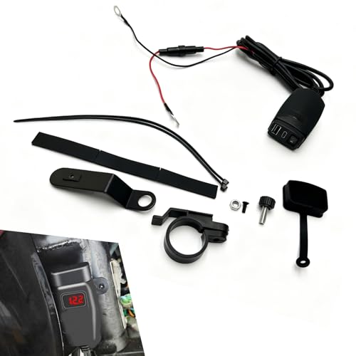 1 SET Motorcycle USB Type C Power Adapter, Fast Phone Tablet with 12V Voltmeter, Plug and Play Dual Port with Waterproof Protective Cover, Universal for 0.75-0.87 Handlebar (Black)