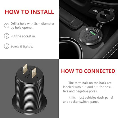 USB C Car Charger Socket, Marine Grade 12V Outlet with Dual 18W PD Ports & QC 3.0 Fast Charging, IP66 Waterproof Aluminum Flush Mount for Car, Boat, RV, Marine