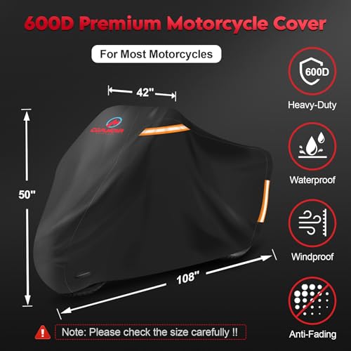 Comnova Motorcycle Cover 108 Inch - 600D Outdoor Motorbike Cover Waterproof with Lock Hole, Universal Fit for Harley, Honda, Kawasaki, Full Protection, Moped Covers for Motorcycle Vehicle Up to 108" - size: Basic - 108 Inch