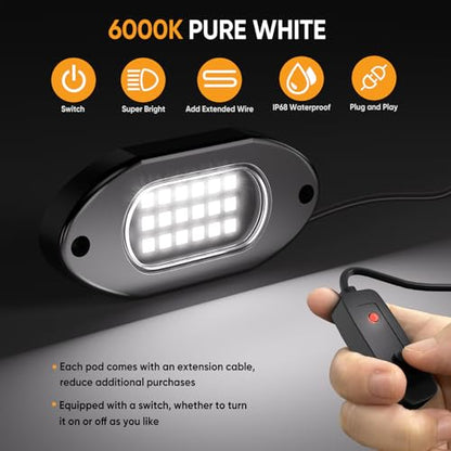 Honalia Pure White Rock Lights 4 Pods, 6000K White LED Rock Lights Kits with Switch - color: Pure White, size: 4 Pods