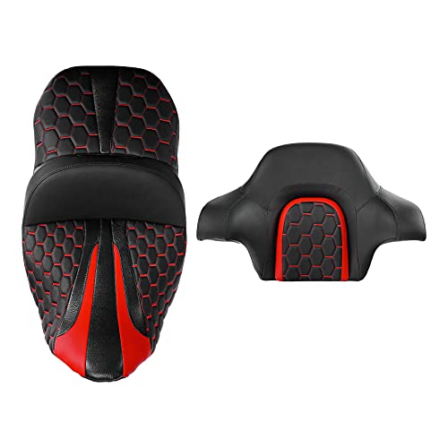 C.C. RIDER Gel Seat Driver Passenger Seat and King/Chopped Tour Trunk Backrest Fit For Harley Touring 2014-2023 Street Glide Road Glide Road King Electra Glide,Red Hexagon - color: 23# Gel Red+ 1 Backrest