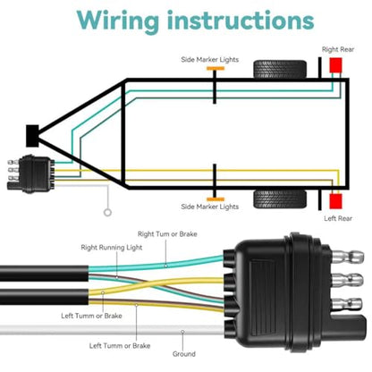 22FT 4 Pin 5 Wire Trailer Wiring Harness Protected by Nylon Net Tube, Utility Pure Copper Boat Trailer Wiring Kit for Trailer Tail Light Rewiring, Waterproof 4 Pin 5 Wire Trailer Connector