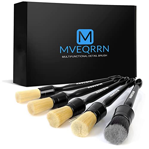 MVEQRRN 5pcs Car Detailing Brush Set, Boar Hair Car Detailing Brushes, Ultra Soft Scratch-Free Car Interior Detail Brush for Leather Seats,Detail Brushes Car Detailing for Interior Exterior. - color: Black