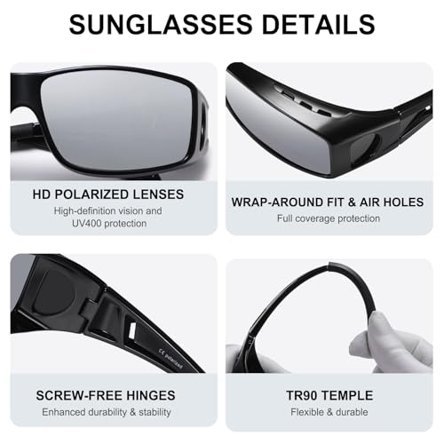 Wzerry Sunglasses Fit Over Glasses Polarized for Men Women, Wrap-Around Glasses UV400 Protection for Driving and Outdoor - color: Black/Grey + Black/Blue + Black/Silver