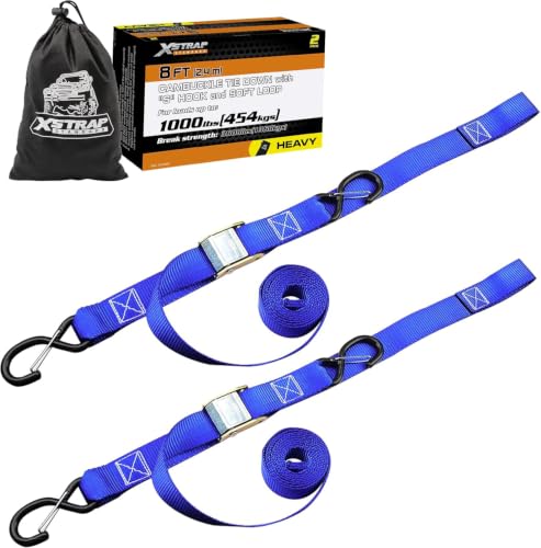 XSTRAP STANDARD Motorcycle Tie Down Straps- (2 Pack) 3,000lb Break Strength, 1.5 IN X 8FT Heavy-Duty Cambuckle Tie Down Set with S Hook and Soft Loops, Handlebar Strap for Dirt Bike, Kayak, Boat, Blue - color: Blue