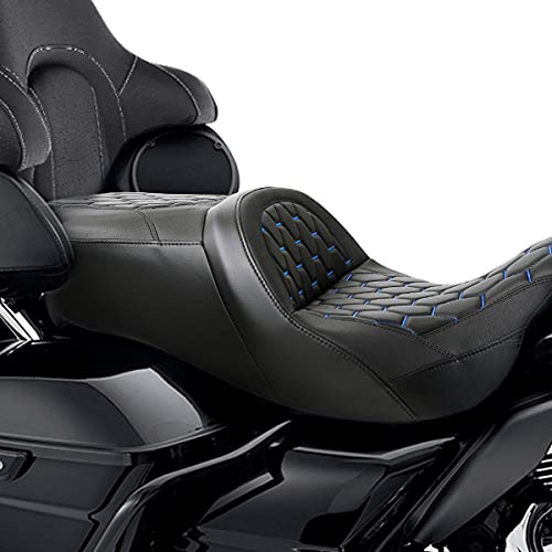 C.C. RIDER Leather Driver Passenger Seat - Fat Diamond Pro 2-Up One-Piece Seat fit for Harley Touring Road King FLHR Street Glide FLHX Road Glide FLTRX 2009-2023, Bagger Comb #Blue Stitching - color: Blue Stitching