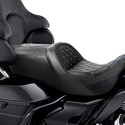 C.C. RIDER Leather Driver Passenger Seat - Fat Diamond Pro 2-Up One-Piece Seat fit for Harley Touring Road King FLHR Street Glide FLHX Road Glide FLTRX 2009-2023, Bagger Comb #Blue Stitching - color: Blue Stitching