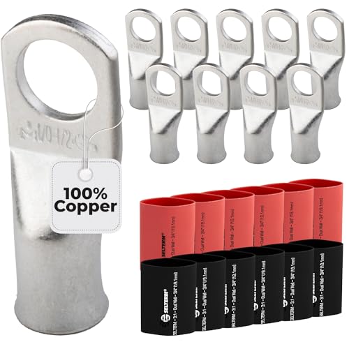SELTERM 10pcs - 1/0 Awg - 1/2" Stud - Battery Lugs - Ring Terminal Connectors with 12pcs 3:1 Black & Red Heat Shrink Tubing with Adhesive | Heavy Duty Battery Cable Ends - Tinned Copper Wire Lugs Kit - color: Tinned Copper Lugs + Heat Shrinks, size: 1/0 A