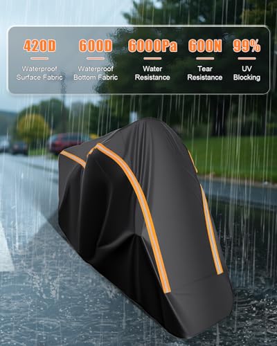 Full Enclosed Motorcycle Cover Waterproof Outdoor/Indoor Storage Waterproof Motorcycle Cover Heavy Duty with Reflective Strips Fits Touring Motorcycles Length up to 108" with Side+Top Box - size: 3.(3XL)108L" x 45"W x 59"H